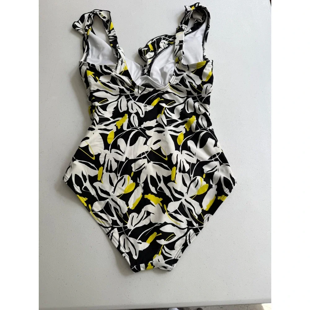 DKNY Womens Small One Piece Swimsuit Black White Yellow Floral  Tummy Control - Picture 8 of 13